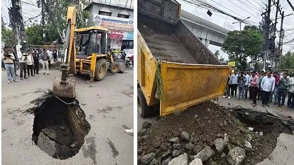 ​​Indore : व्यस्त बाजार इलाके में सड़क धंसने से स्थानीय लोगों में दहशत