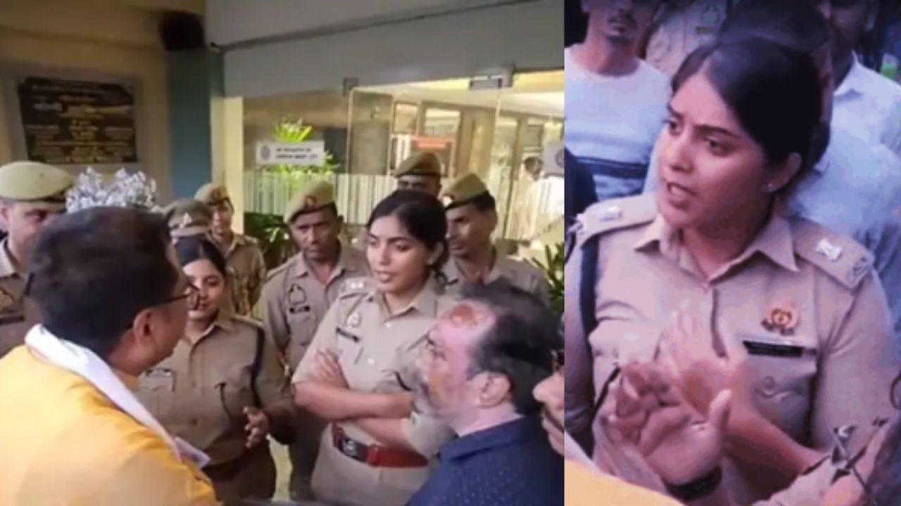 एक सार्वजनिक आयोजन के दौरान बीजेपी एमएलसी अरुण पाठक और महिला पुलिस...